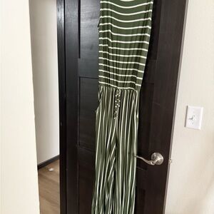 Green and White Striped Jumpsuit with Relaxed Silhouette